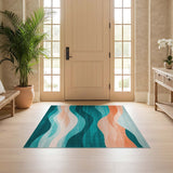ODIKA Modern Abstract Wavy Teal & Peach Washable Area Rug - Low Pile Non-Slip