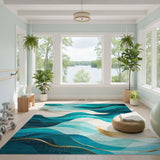 Washable Modern Abstract Teal & Gold Wave Area Rug - Low Pile, Non-Slip