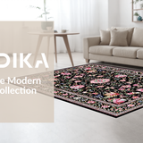 Ultra Soft Area Rug, Non Slip, Stain Resistant, Washable Area Rugs for Living Room, Bedroom, Lush Botanical Scalloped Design(Black)