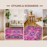 Ultra Soft Area Rug, Non Slip, Stain Resistant, Washable Area Rugs for Living Room, Bedroom, Rustic Traditional Tiled Motifs(Pink)