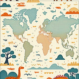 Beige with Cartoon Dinosaurs and Vintage Style World Map(Beige)