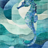Ultra Soft Area Rug, Non Slip, Stain Resistant, Washable Area Rugs for Living Room, Bedroom, Seahorse Motif Rug with Oceanic Teal and Blue Hues and Contemporary Wave Design(Blue)