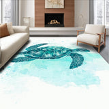 Ultra Soft Area Rug, Non Slip, Stain Resistant, Washable Area Rugs for Living Room, Bedroom, Serene Ocean Dream Rug with Artistic Turtle and Fluid Watercolor Swirls(Blue)