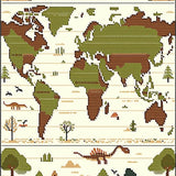 Beige with Retro Dinosaur Prints and Global Cartography(Green)