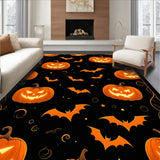 Glow In The Dark Halloween Rug with Haunted Pumpkin and Bat Silhouettes(Orange)