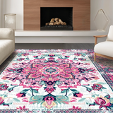 Ultra Soft Area Rug, Non Slip, Stain Resistant, Washable Area Rugs for Living Room, Bedroom, Whimsical Multi-Colored Ogee Style(Pink)