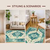 Ultra Soft Area Rug, Non Slip, Stain Resistant, Washable Area Rugs for Living Room, Bedroom, Elegant Trellis Motif in Aqua(Beige)