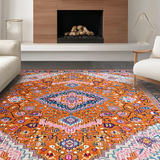 Ultra Soft Area Rug, Non Slip, Stain Resistant, Washable Area Rugs for Living Room, Bedroom, Stylish Bright Colorful Medallion(Orange)
