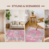 Ultra Soft Area Rug, Non Slip, Stain Resistant, Washable Area Rugs for Living Room, Bedroom, Chic Vintage Geometric Composition(Pink)