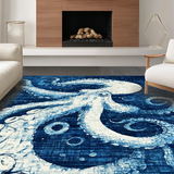 Ultra Soft Area Rug, Non Slip, Stain Resistant, Washable Area Rugs for Living Room, Bedroom, Nautical Octopus Carpet: Indigo Ink Octopus Print, Non-Slip Floor Decor(Blue)