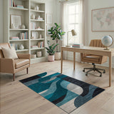 ODIKA Modern Geometric Teal & Blue Washable Area Rug - Low Pile Non-Slip