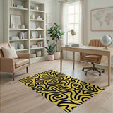 Bold Yellow Abstract Area Rug with Black Waves