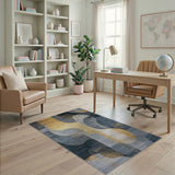 Abstract Navy Gold Fluid Geometric Area Rug