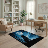 ODIKA Wolf and Moon Night Forest Blue Area Rug - Washable Low Pile Non-Slip Indoor Carpet