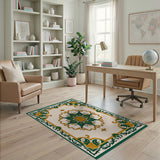 Ornate Green Gold Medallion Persian Rug