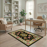 Black Persian Floral Area Rug with Pink Peonies Gold
