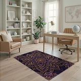 ODIKA Washable Purple and Gold Mandala Area Rug, Low Pile Non-Slip Boho Carpet