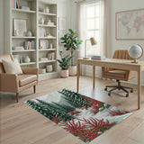 Snowy Pine Forest Path with Red Shrubs Area Rug