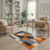 Grey Geometric Modern Area Rug with Orange Accents