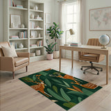 Green Spotted Deer and Geometric Leaf Rug
