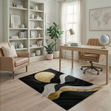 Washable Modern Black & Gold Abstract Wave Area Rug