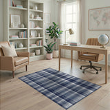Navy Blue Plaid Washable Area Rug - Low Pile & Non-Slip