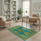 Teal and Gold Fan Leaf Area Rug