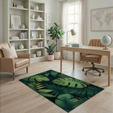 Green Boho Chic Lush Green Monstera Palm Leaf Area Rug