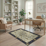 Ivory Persian Floral Area Rug with Gold Vines Navy Border