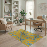 Yellow Area Rug with Blue Leaf Branches