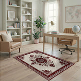 Elegant Maroon Floral Medallion on Beige Area Rug