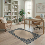 Elegant Navy Floral Border Beige Area Rug