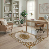 Golden Sunburst Ornate Border Area Rug