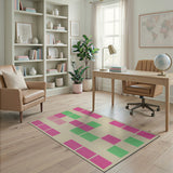 Vibrant Pink Green Geometric Block Area Rug
