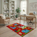 Playful Cartoon Cats Llama Elephant Red Kids Rug
