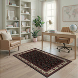 Traditional Persian Black Rug with Red Florals