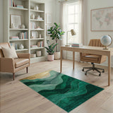 Teal Wave Mountains Abstract Area Rug with Gold Foil