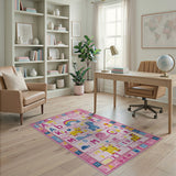 Playful Pink ABC Alphabet Kids Rug with Cartoon Animals