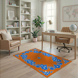 Vibrant Blue Hibiscus Floral Orange Area Rug