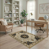 Opulent Ivory Persian Medallion Area Rug with Navy Gold