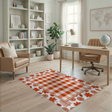 Red Gingham Plaid Area Rug with Autumn Maple Leaves