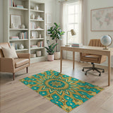 Traditional Persian Teal Gold Mandala Persian Area Rug