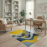 Yellow Sun Over Wavy Blue Mountains Abstract Rug
