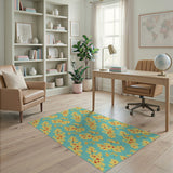 Vibrant Yellow Floral Teal Area Rug