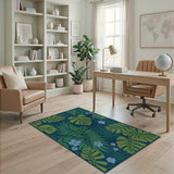Lush Green Leaves Blue Floral Area Rug