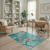 ODIKA Washable Cherry Blossom Area Rug - Teal Floral Low Pile Non-Slip Rug