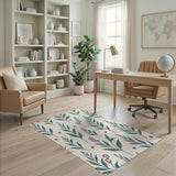 Teal Leaves Pink Flowers Cream Area Rug