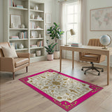 Ornate Pink Border Gold Floral Area Rug