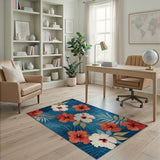 Blue and Teal Teal Hibiscus Palm Leaf Coastal Area Rug