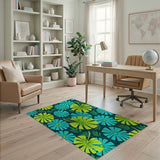 Teal Daisies Yellow Leaves Navy Floral Area Rug